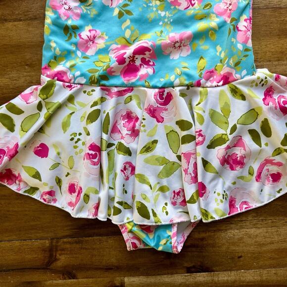 SweetHoney Sleeveless Skirted Leotard Swirly Aqua Blue Pink Cream Green Floral 6 - Picture 4 of 6